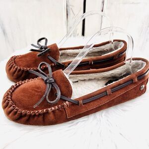 Makalu Mock Out Chestnut Brown Leather Faux Fur Lined Moccasins Womens Size 8